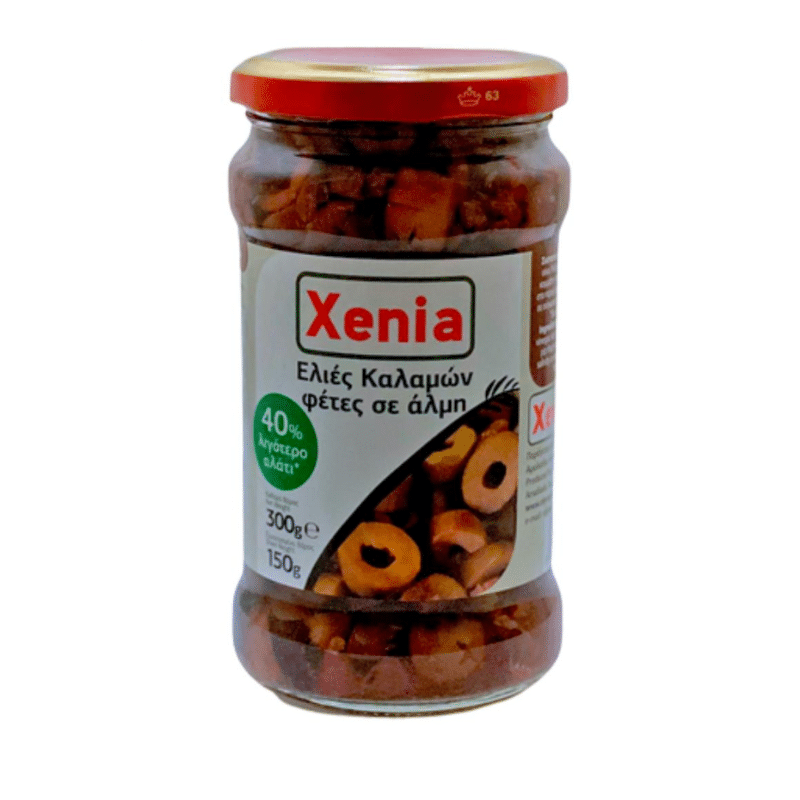 Kalamata Oliven geschnitten 40% weniger Salz (300g) Xenia von Xenia bei Araxxon  - Hochwertiges griechisches Produkt.   Kalamata Oliven geschnitten 40% weniger Salz (300g) Xenia από Xenia στο Araxxon  - Αυθεντικό ελληνικό προϊόν.